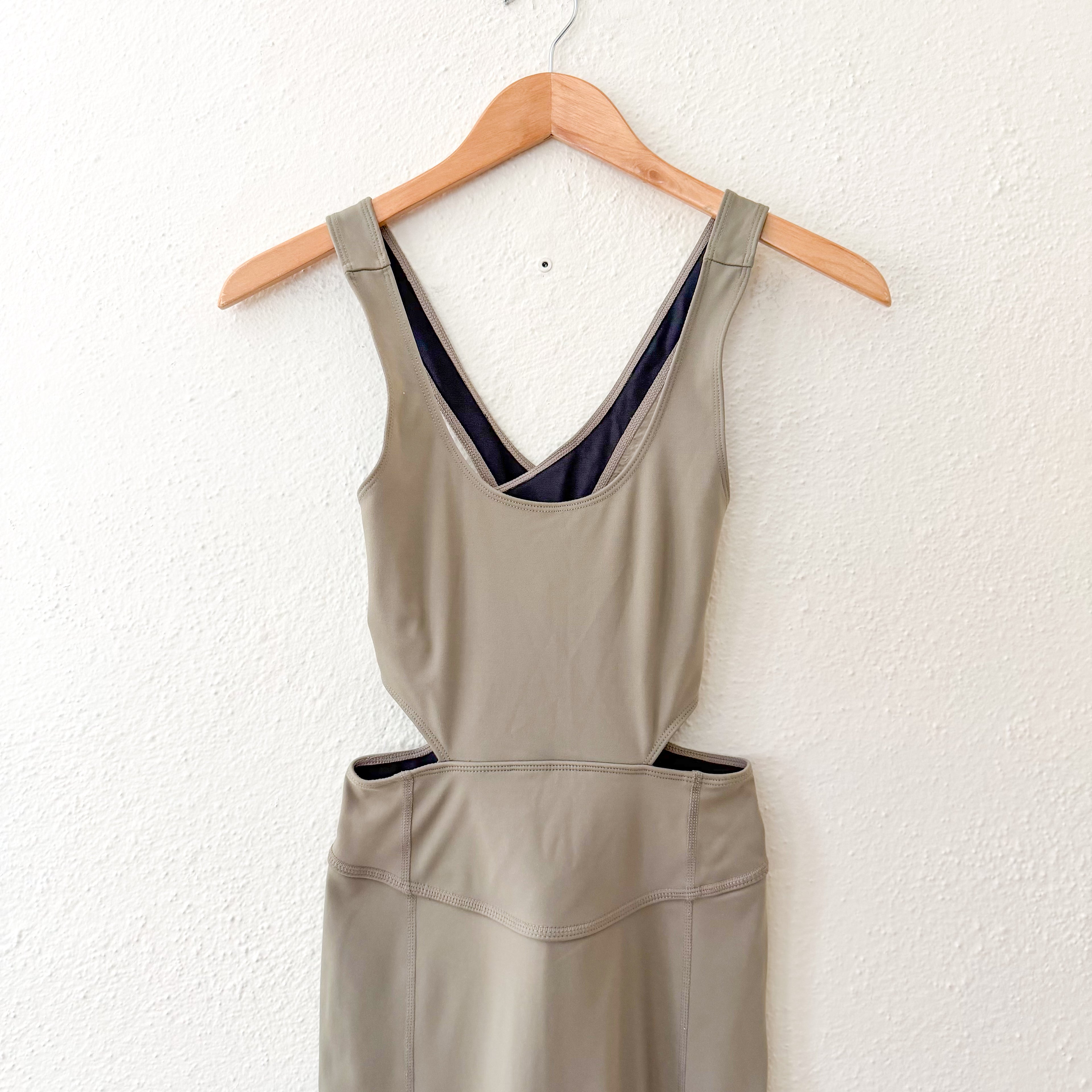 Free People Movement Back It Up Onesie Jumpsuit in Sage Beige | XS