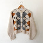 Mango MNG Rombin Wool Blend Argyle Cardigan Sweater in Ecru | XS