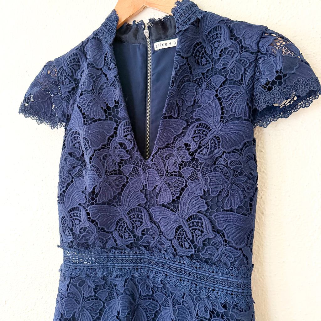 Alice + Olivia Diona Navy Blue Broderie Butterfly Lace Mini Dress | 0