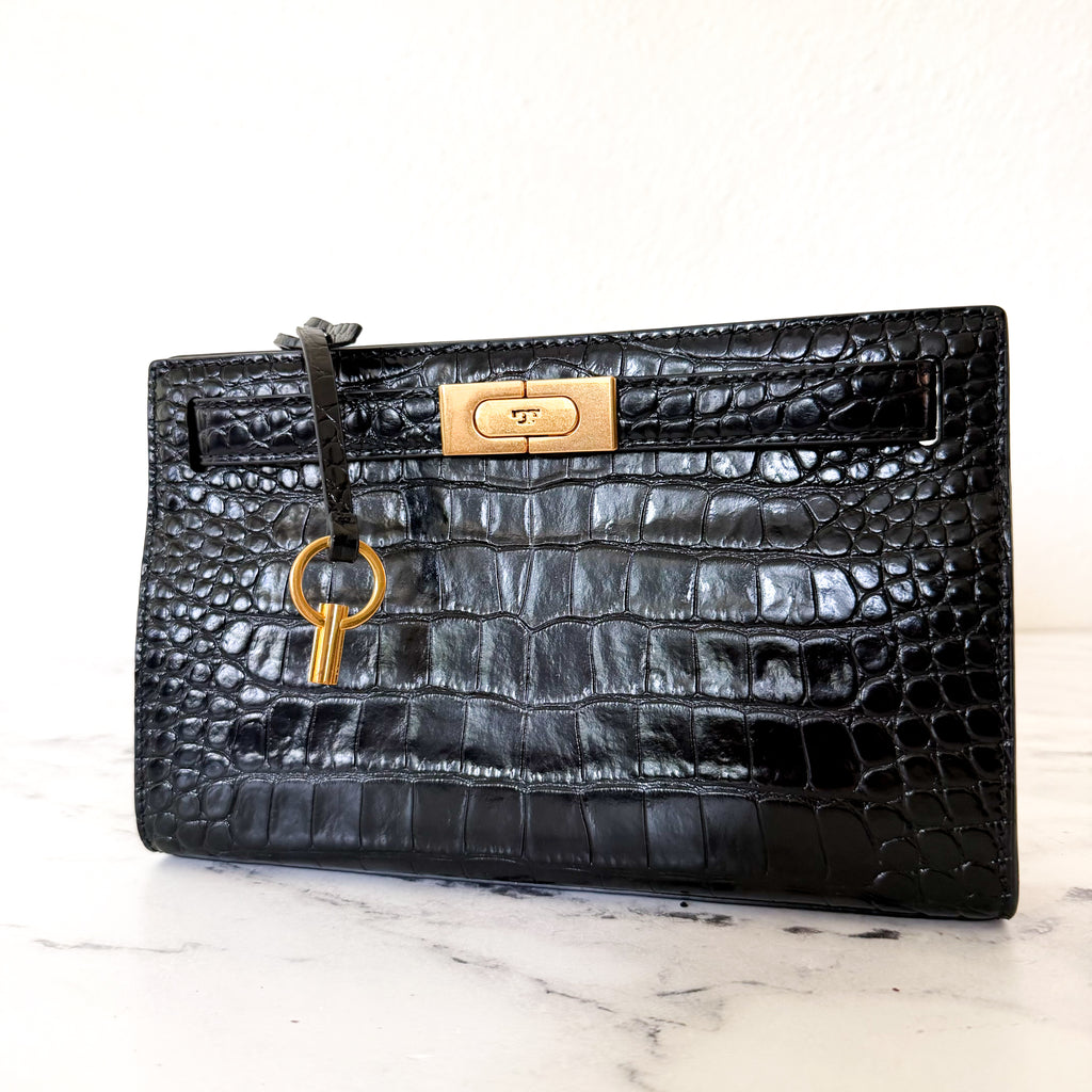 Tory Burch Lee Radziwill Black Croc-Embossed Leather Petite Bag