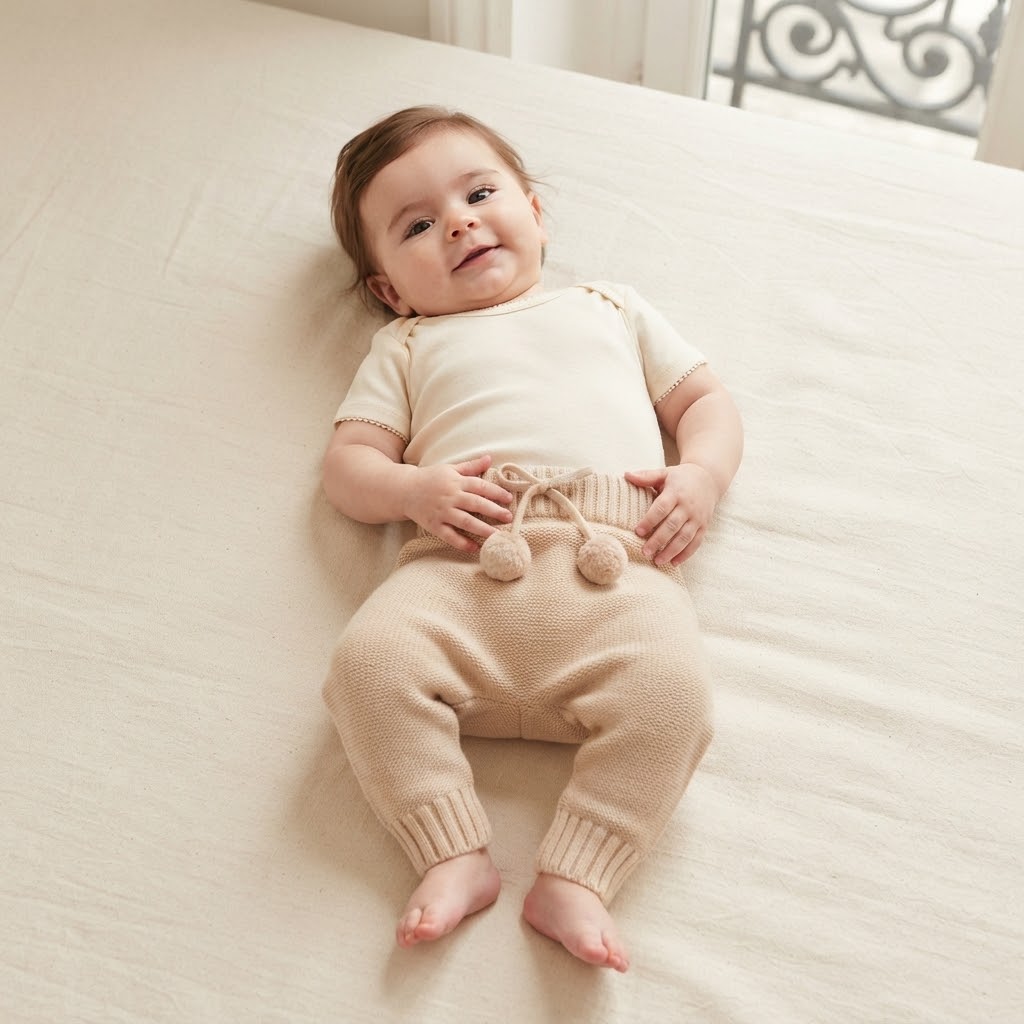 Petit Filippe Tan Knit Pom Pom Drawstring Pull On Pants | 6-9m