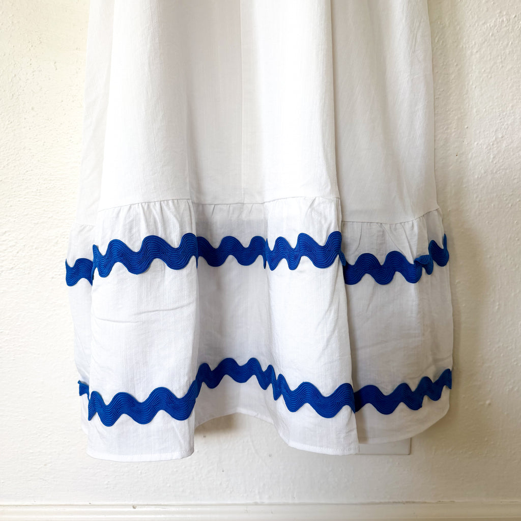 Pretty Garden White Summer Maxi Dress Blue Ric-Rac Trim | S