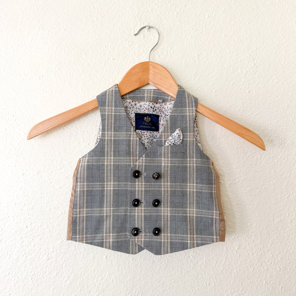 Next Black Taupe Plaid Suit Vest + White Oxford Shirt Set | 9-12m