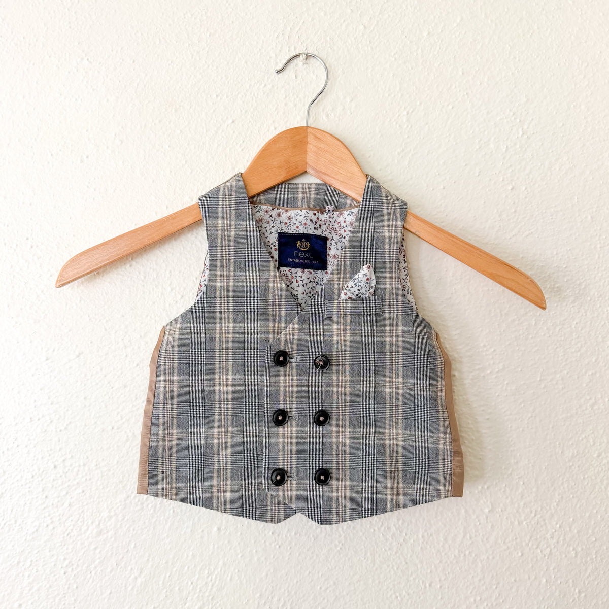 Next Black Taupe Plaid Suit Vest + White Oxford Shirt Set | 9-12m