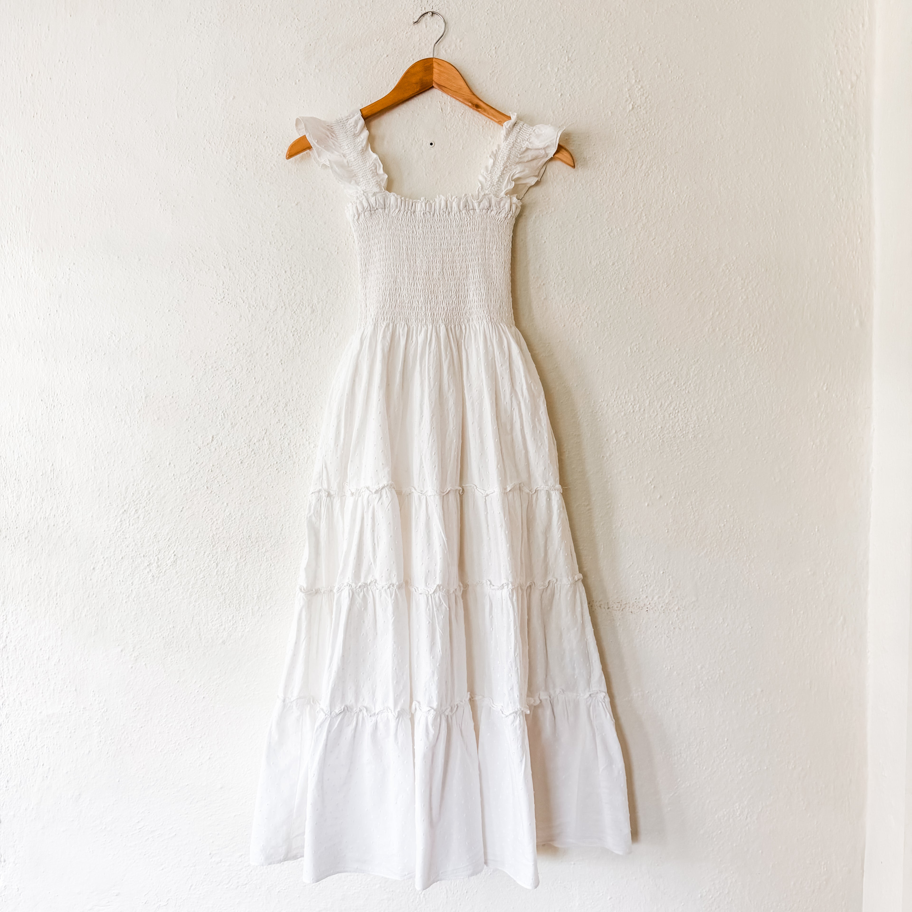 O.P.T. Calypso Cotton Smocked White Swiss Dot Midi Dress | XS