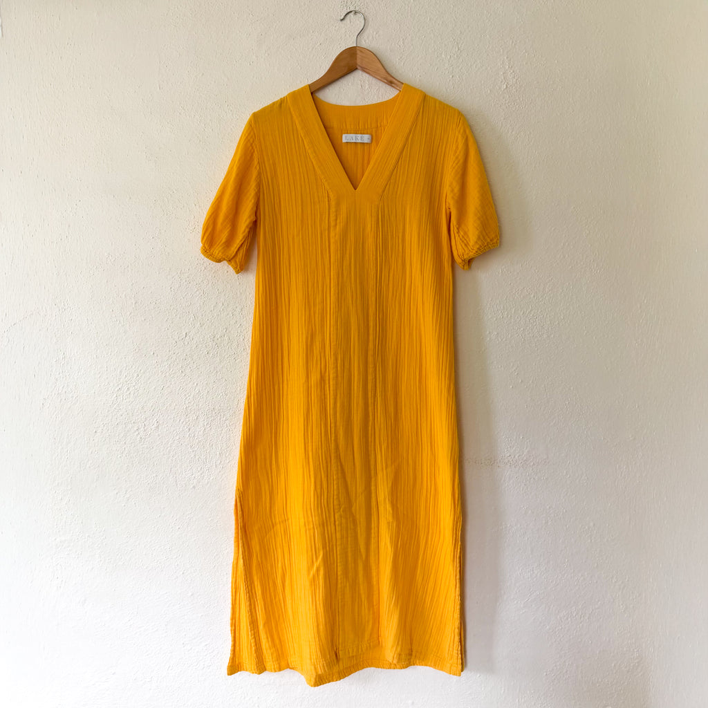 LAKE Golden Yellow 100% Cotton Gauze Caftan Midi Dress | XS