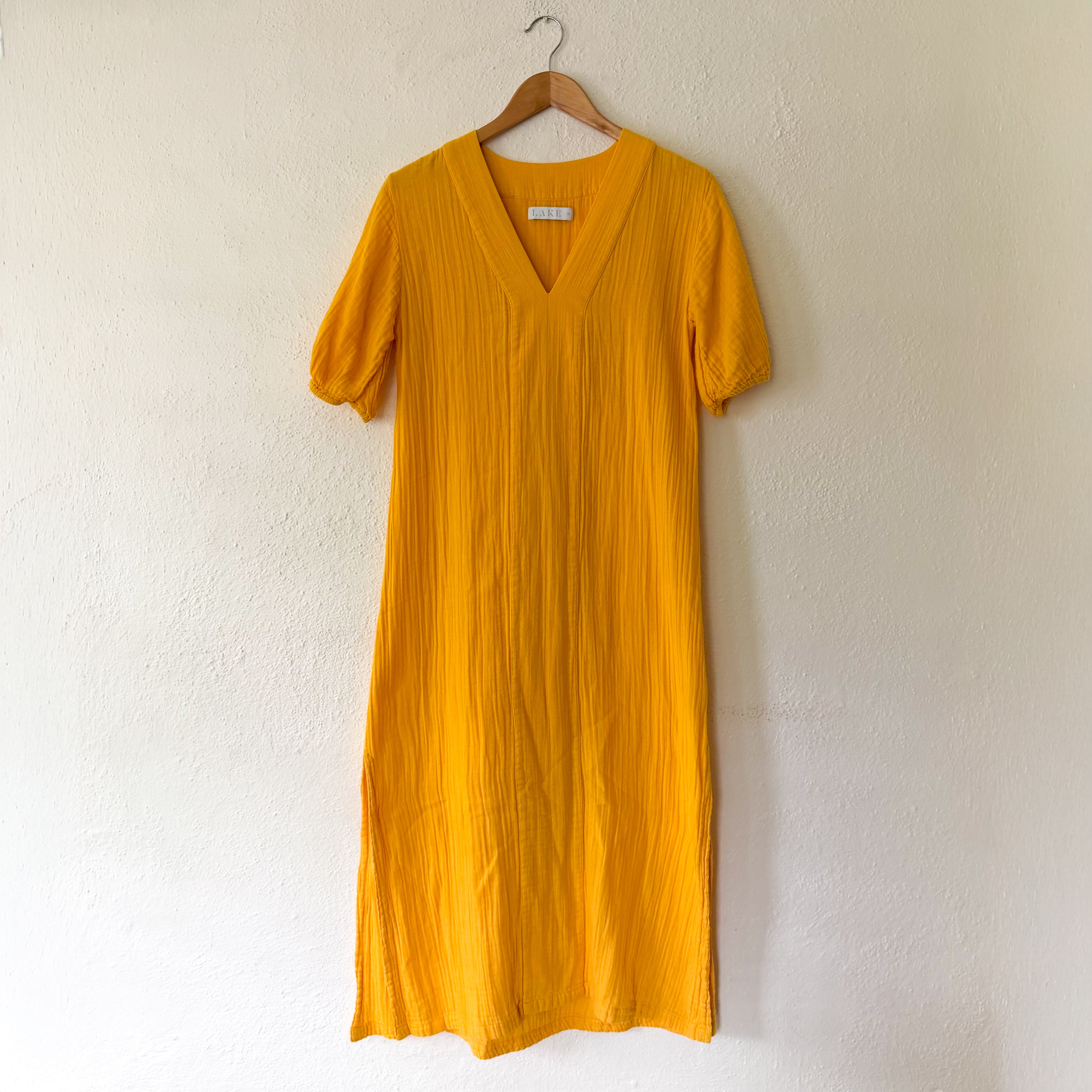 LAKE Golden Yellow 100% Cotton Gauze Caftan Midi Dress | XS