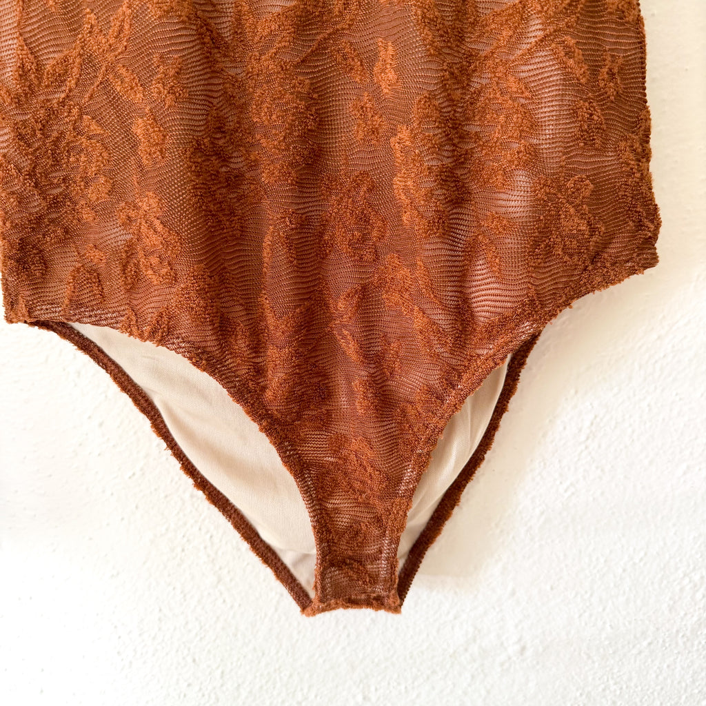 Evolutionary Rust Brown Floral Lace Long Sleeve Bodysuit | XS