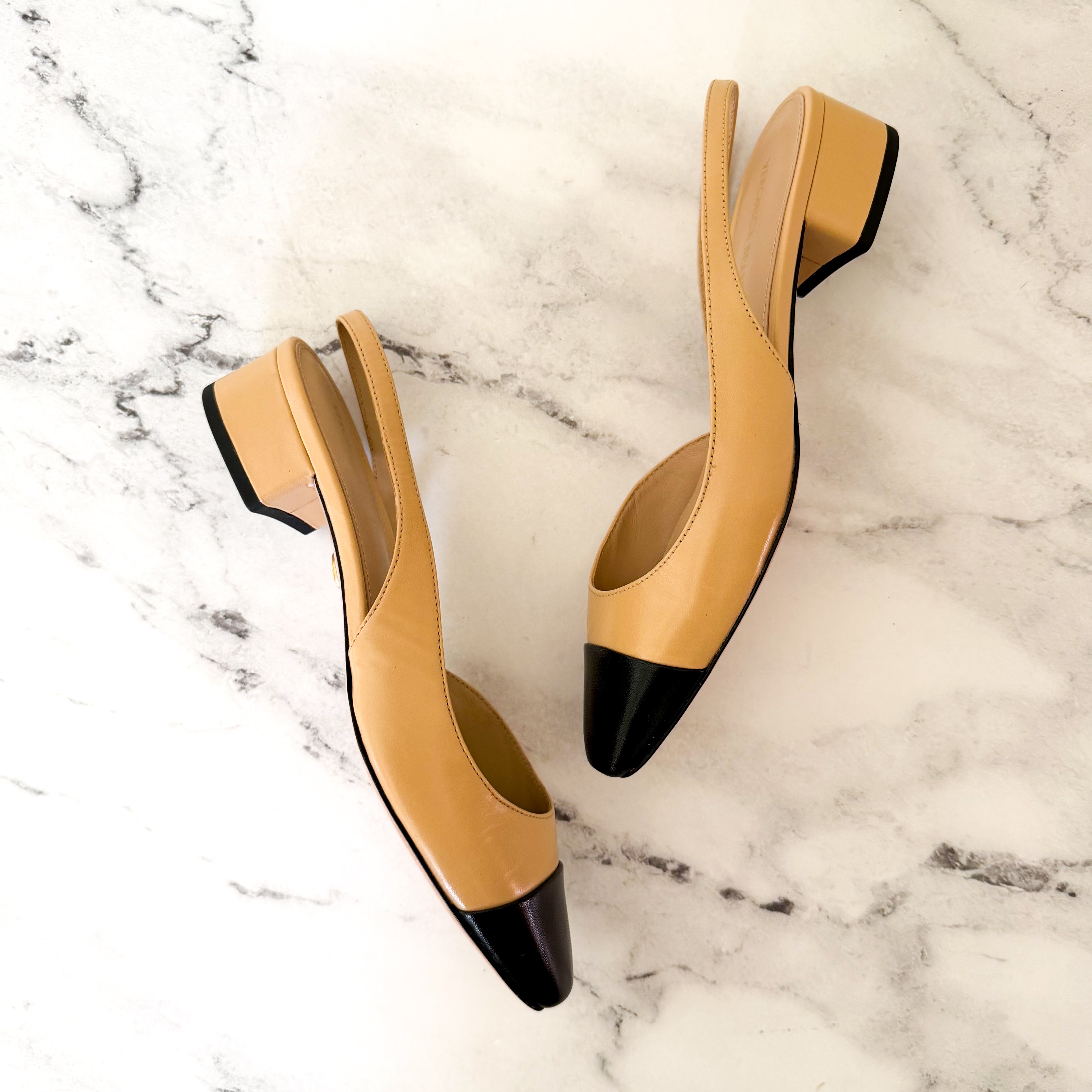 Veronica Beard Cecile Half D'Orsay Slingback Pump Captoe Heels in Black & Ecru | 6