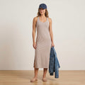 Vuori Halo Racerback Shelf Bra Midi Tank Dress in Ecru Tan | S