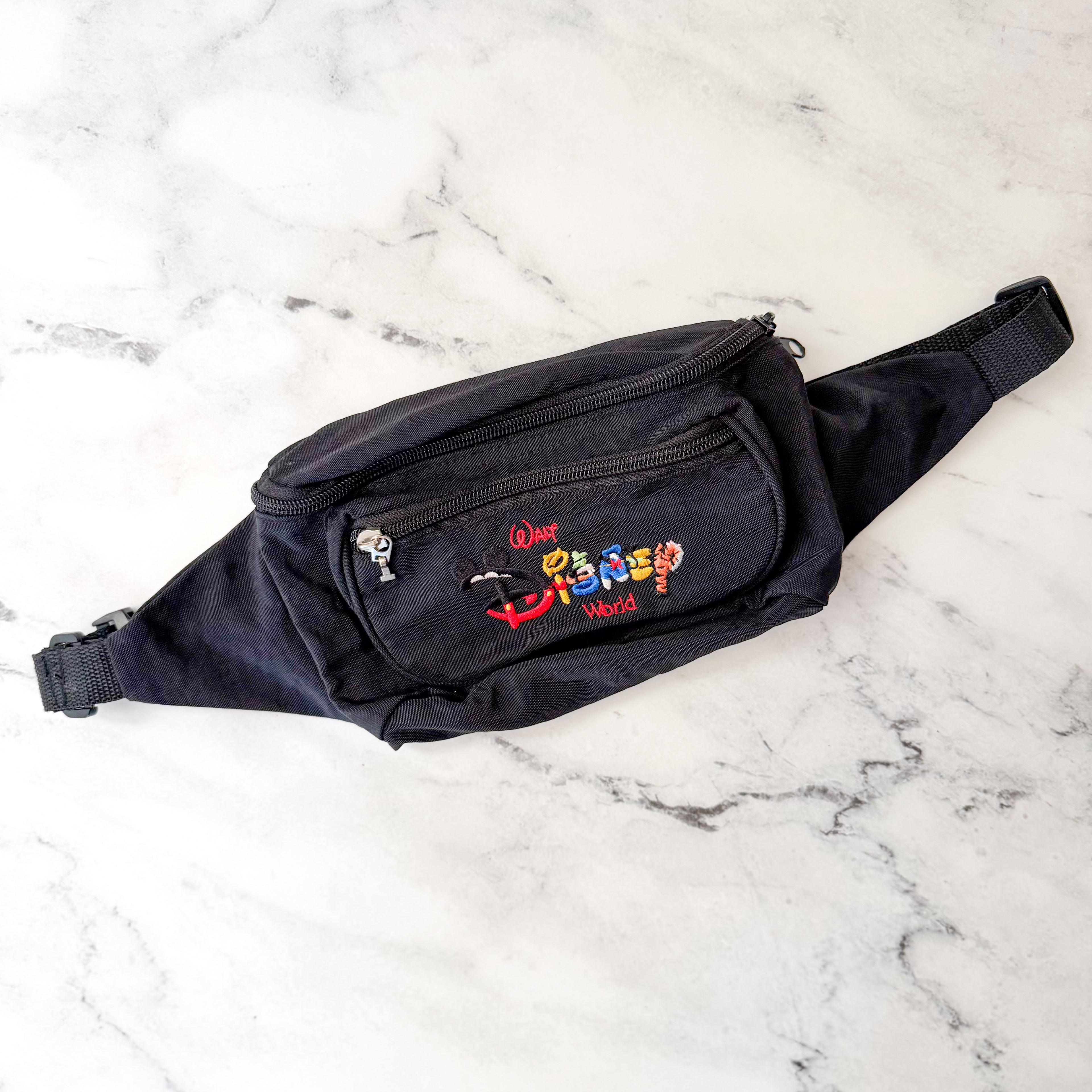 Vintage 90s Walt Disney World Embroidered Fanny Pack | Black Retro Waist Bag