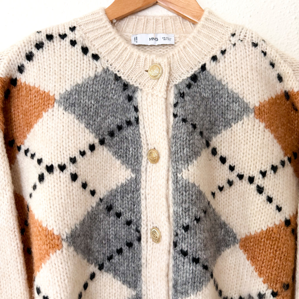 Mango MNG Rombin Wool Blend Argyle Cardigan Sweater in Ecru | XS