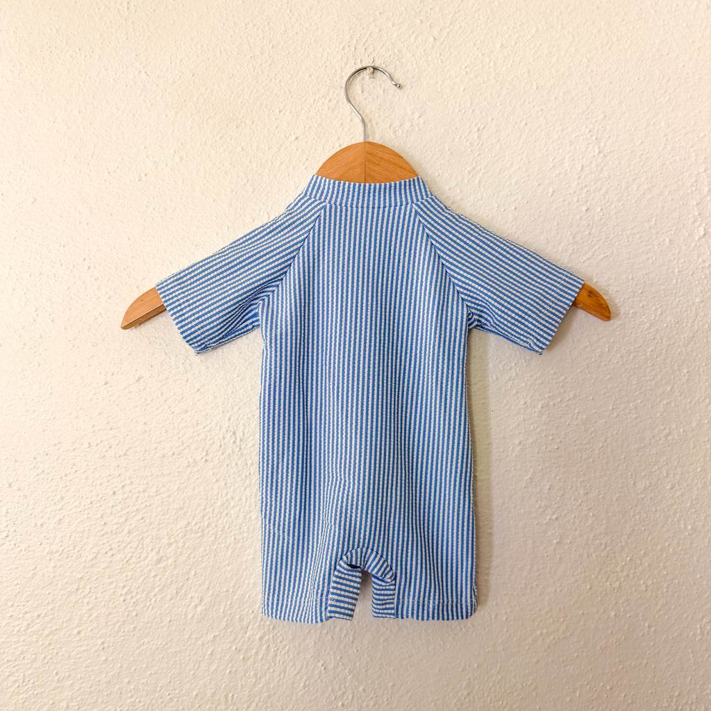 Unbranded Blue White Seersucker Zipper Short Sleeve Swimsuit | 6-12m