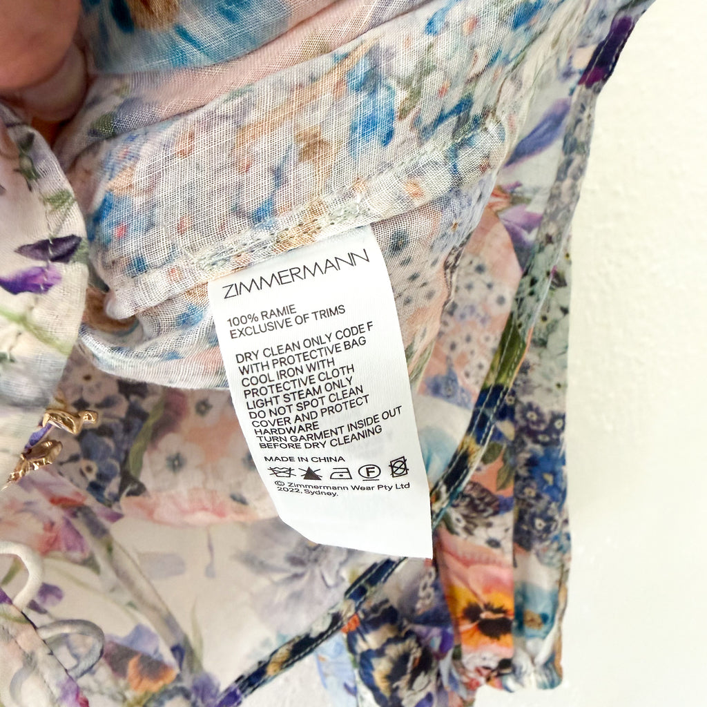 Zimmermann Petite Tama Ramie Pansy Floral Long Sleeve Sheer Blouse | 0P