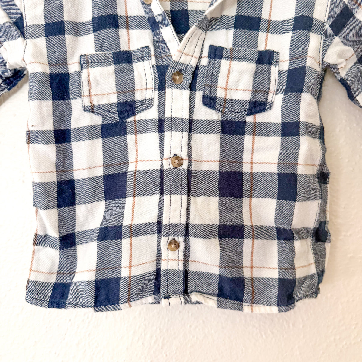 H&M Navy Blue Cream Plaid Button Down Long Sleeve Shirt | 6-9m