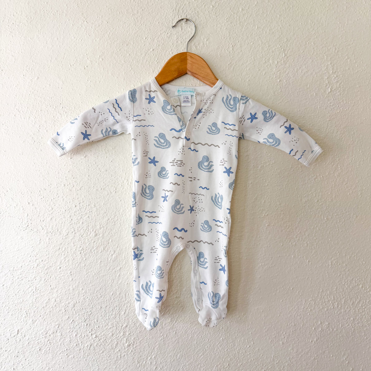 Feather Baby Cream Ocean Print Pima Cotton Long Sleeve Snap Footed Sleeper | 3-6m