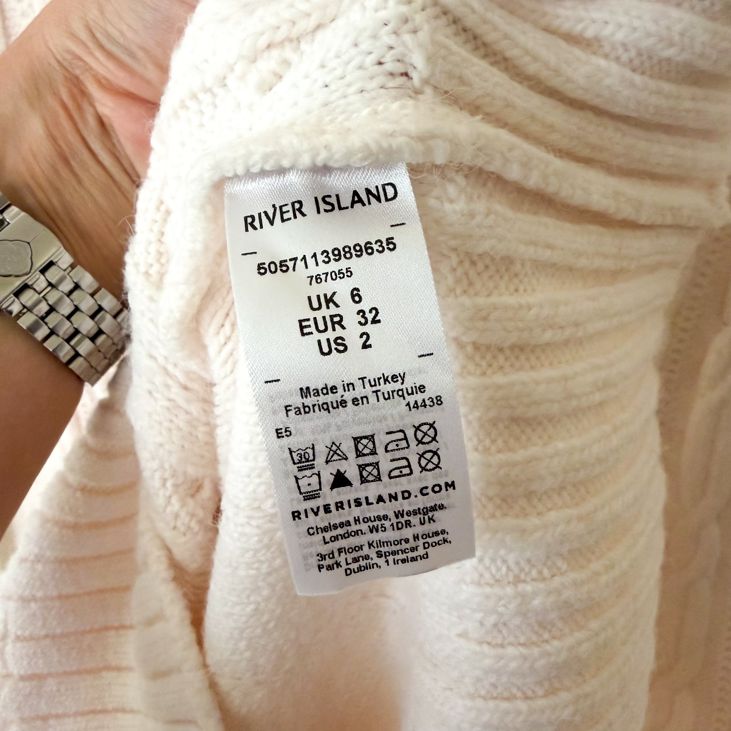 River Island Turtleneck Cable Knit Long Sleeve Midi Sweater Dress in Cream | S