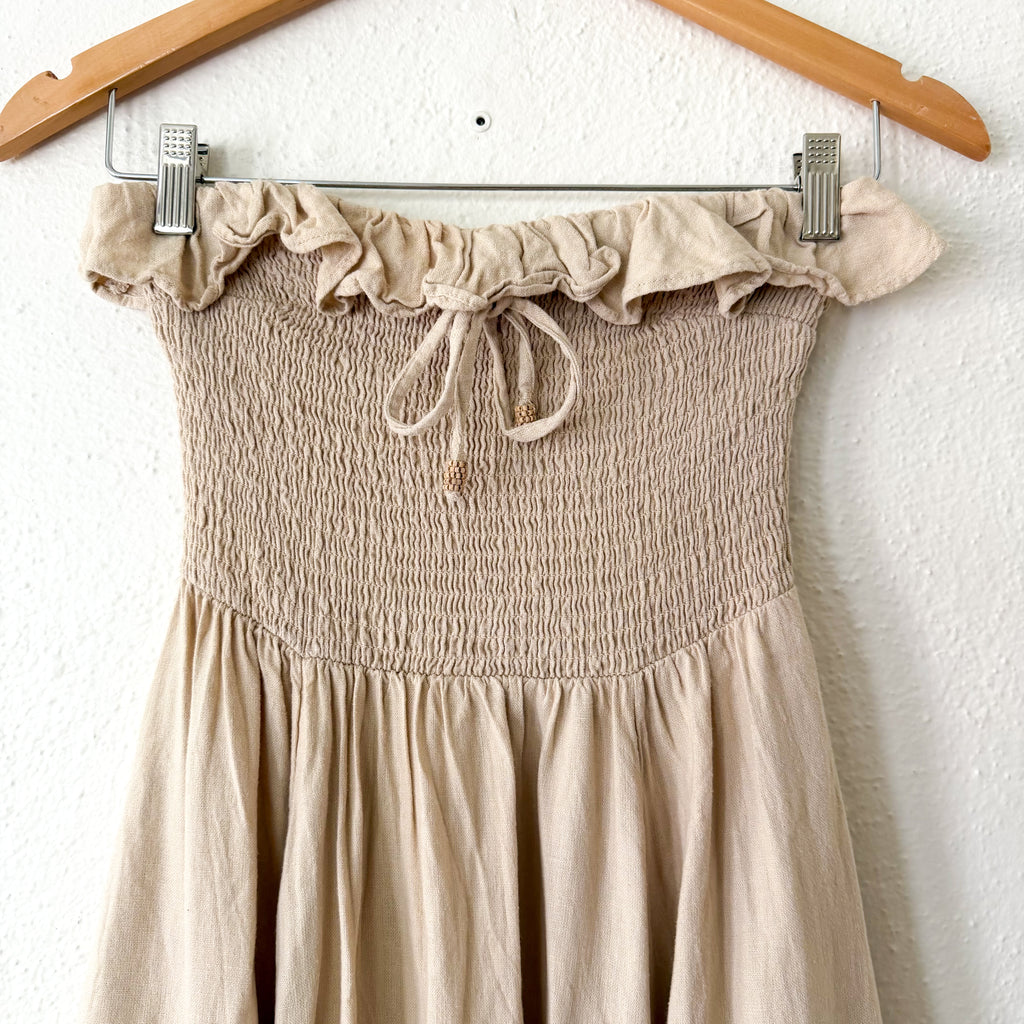 Free People Tan Lush Life Linen Smocked Strapless Dress in Bleached Sand | XS