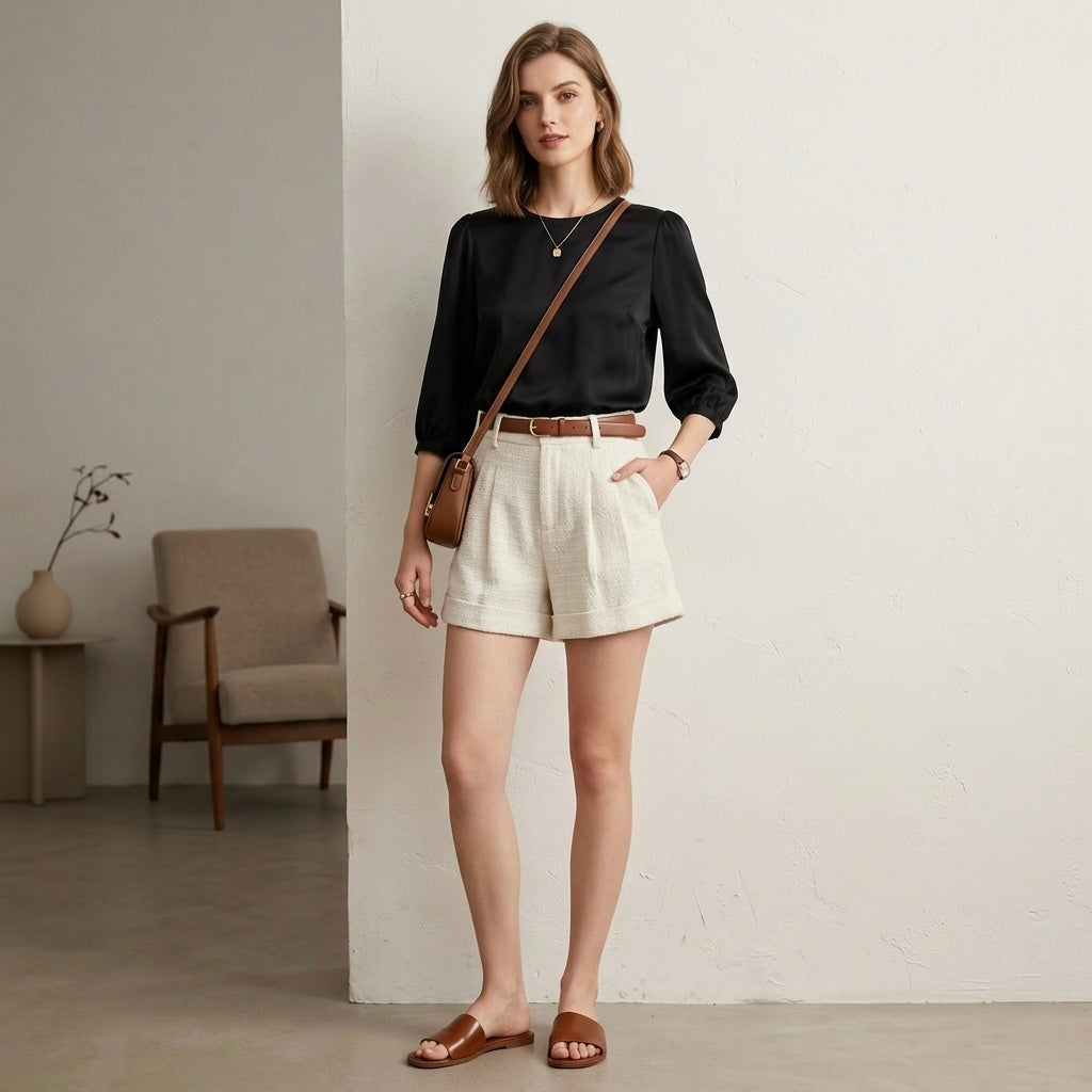 NA-KD Tweed Mid-Rise Pleat Detail Shorts in White | 34/2