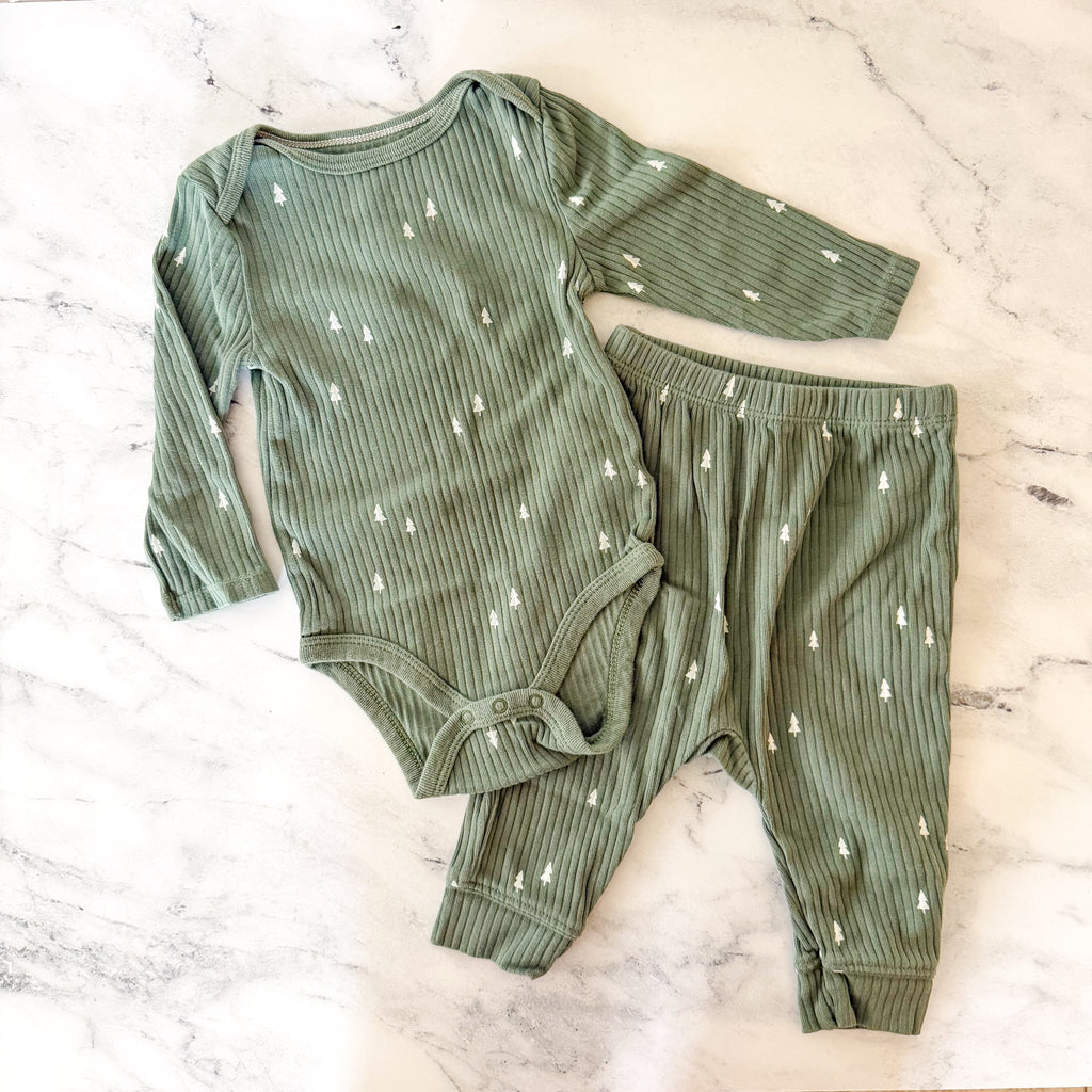 Cloud Island Green Pine Trees Thermal Long Sleeve Bodysuit + Pants Matching Set | 6-9m