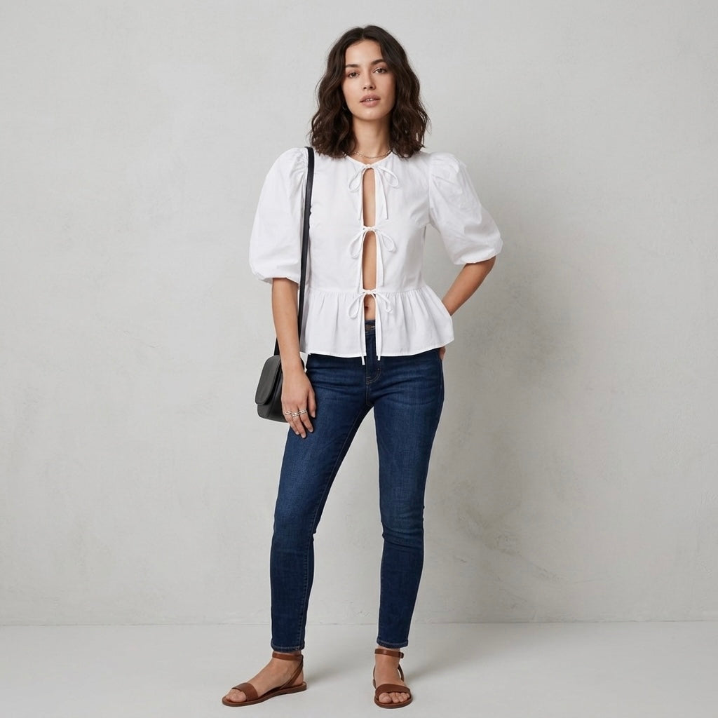 ASOS Design White Cotton Poplin Peplum Tie Puff Sleeve Shirt | XS