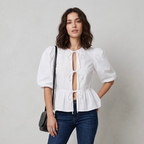 ASOS Design White Cotton Poplin Peplum Tie Puff Sleeve Shirt | XS