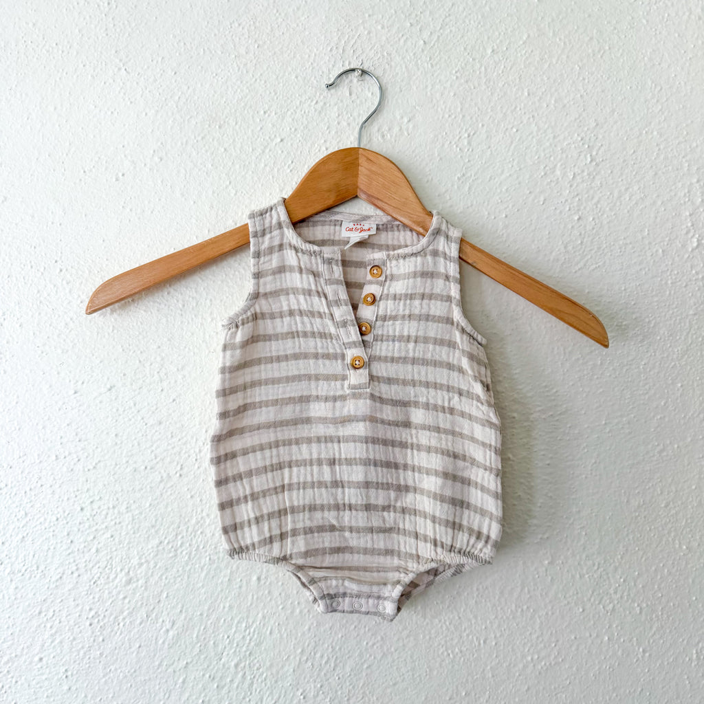 Cat & Jack Tan Cream Stripe Gauze Sleeveless Bubble Romper | 0-3m