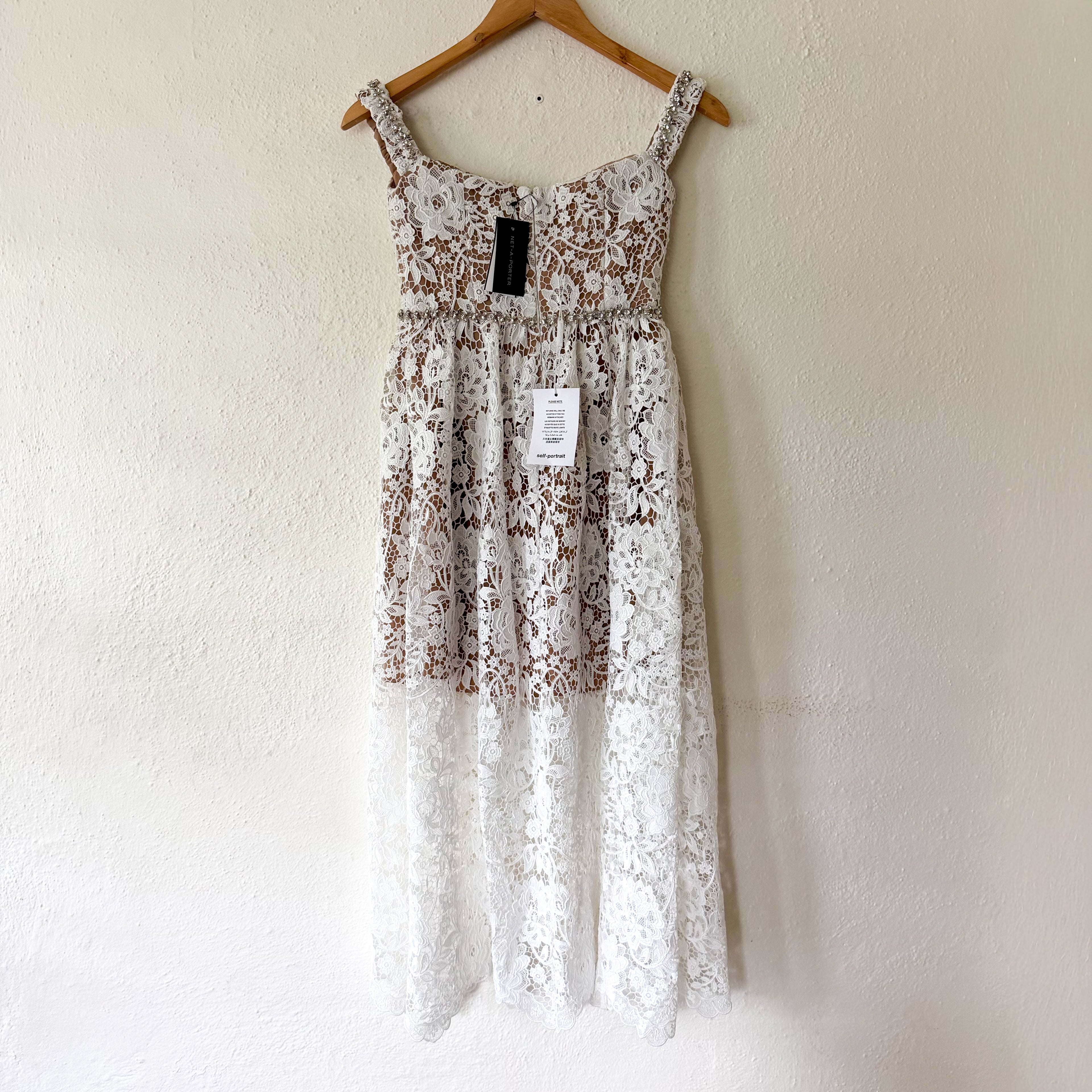 Self-Portrait White Diamante Rhinestone Embellished Lace Midi Dress | 0