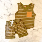 Unbranded Olive Green Cream Stripe Tank Top + Drawstring Shorts Matching Set | 6-12m
