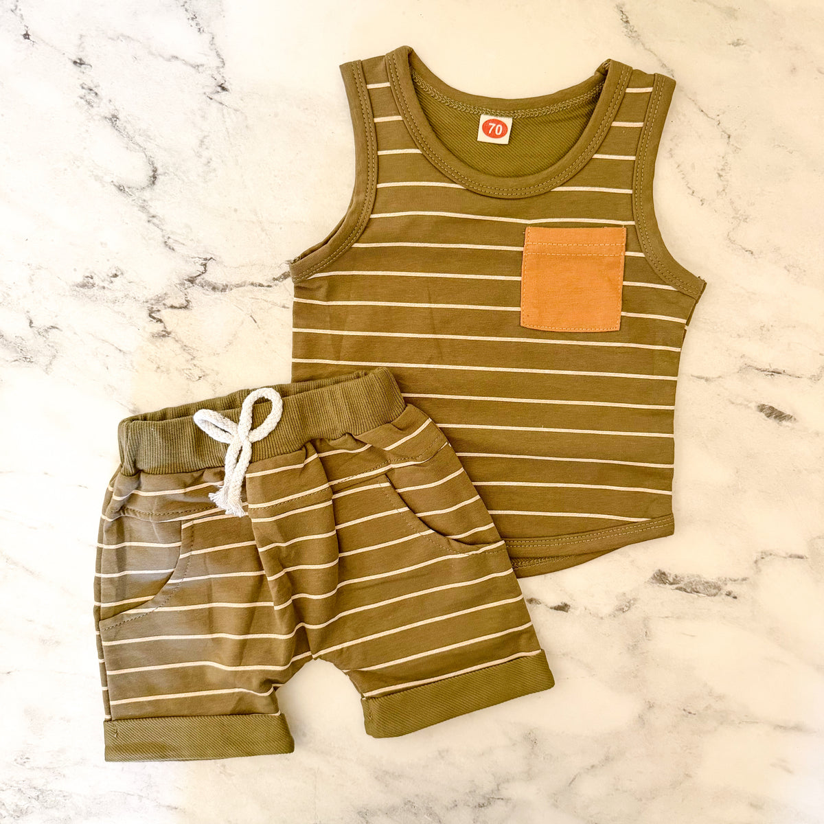 Unbranded Olive Green Cream Stripe Tank Top + Drawstring Shorts Matching Set | 6-12m