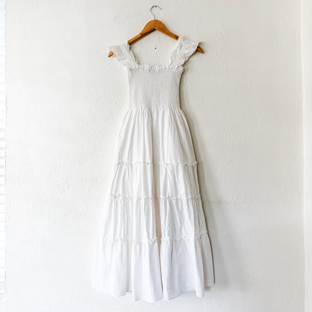 O.P.T. Calypso Cotton Smocked White Swiss Dot Midi Dress | XS