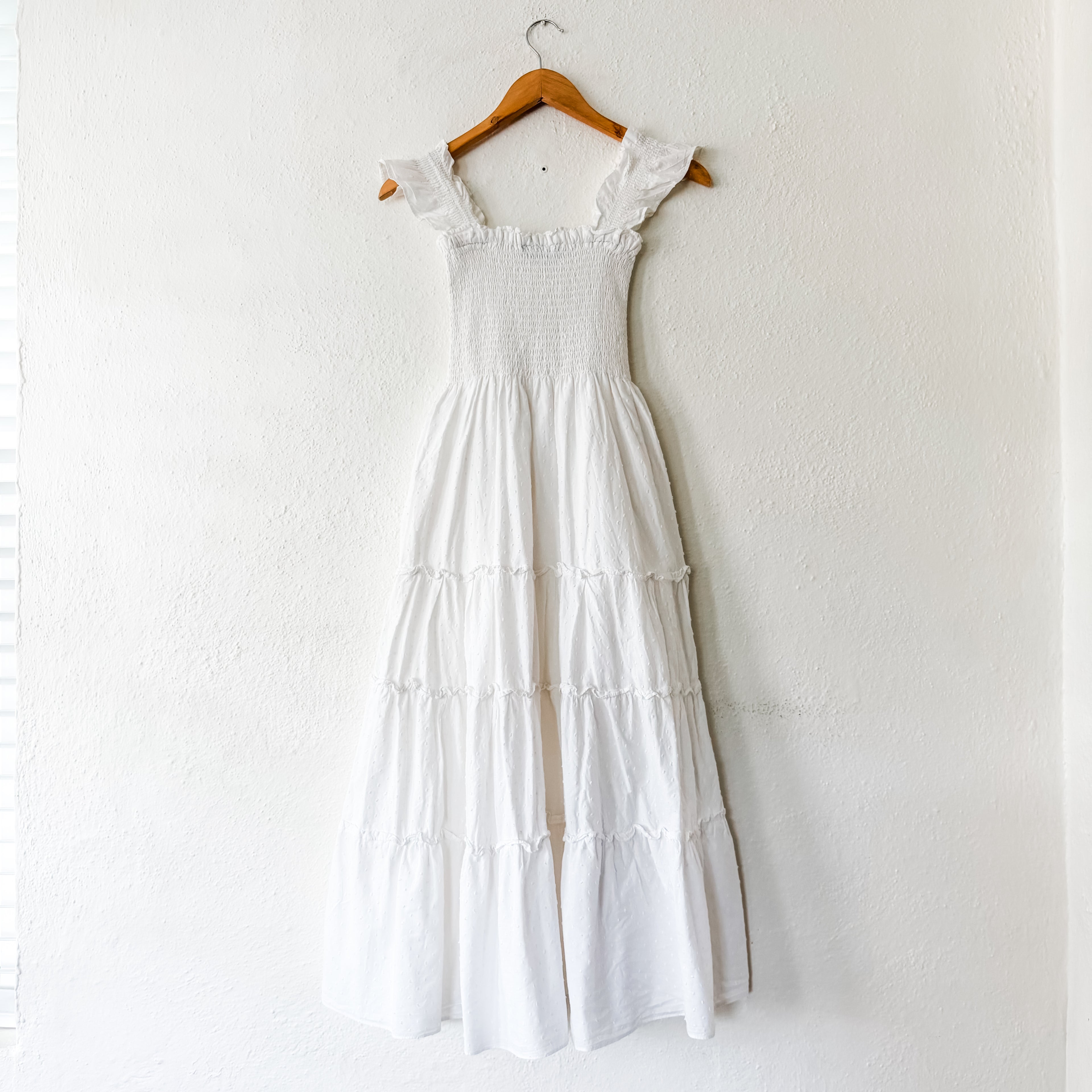 O.P.T. Calypso Cotton Smocked White Swiss Dot Midi Dress | XS