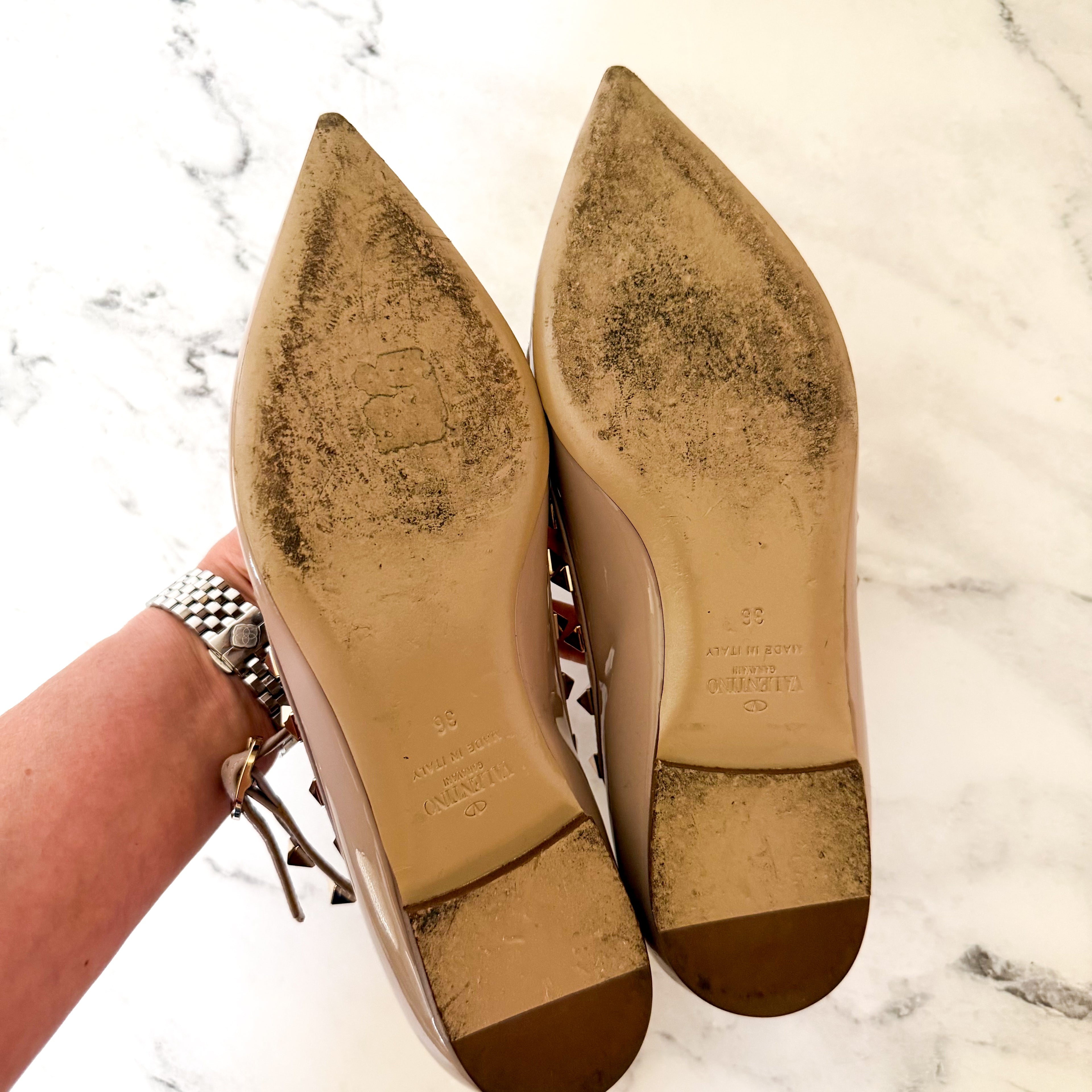 Valentino Garavani Rockstud Caged Nude Patent Leather Pointed Toe Ballet Flats | 36/US 6