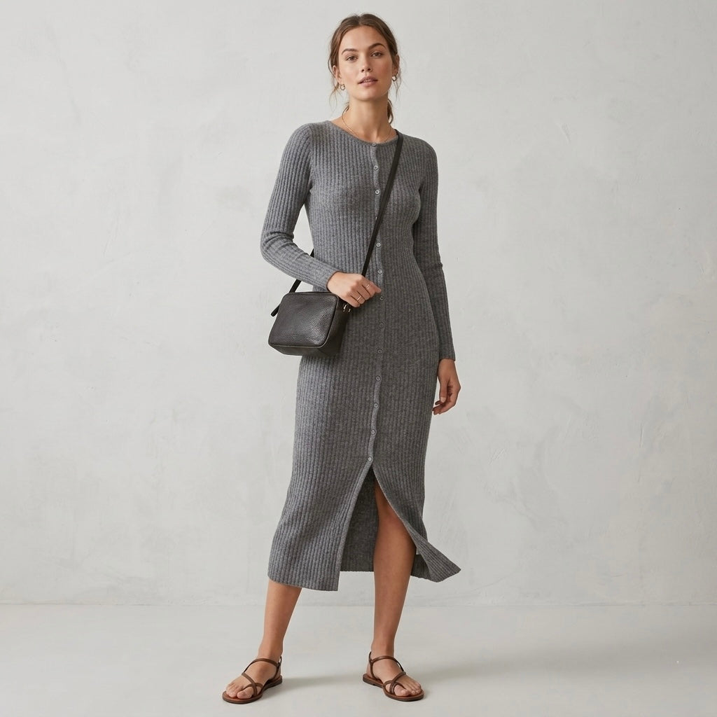 Abercrombie & Fitch Ribbed Wool-Blend Midi Sweater Dress in Dark Grey | XSP