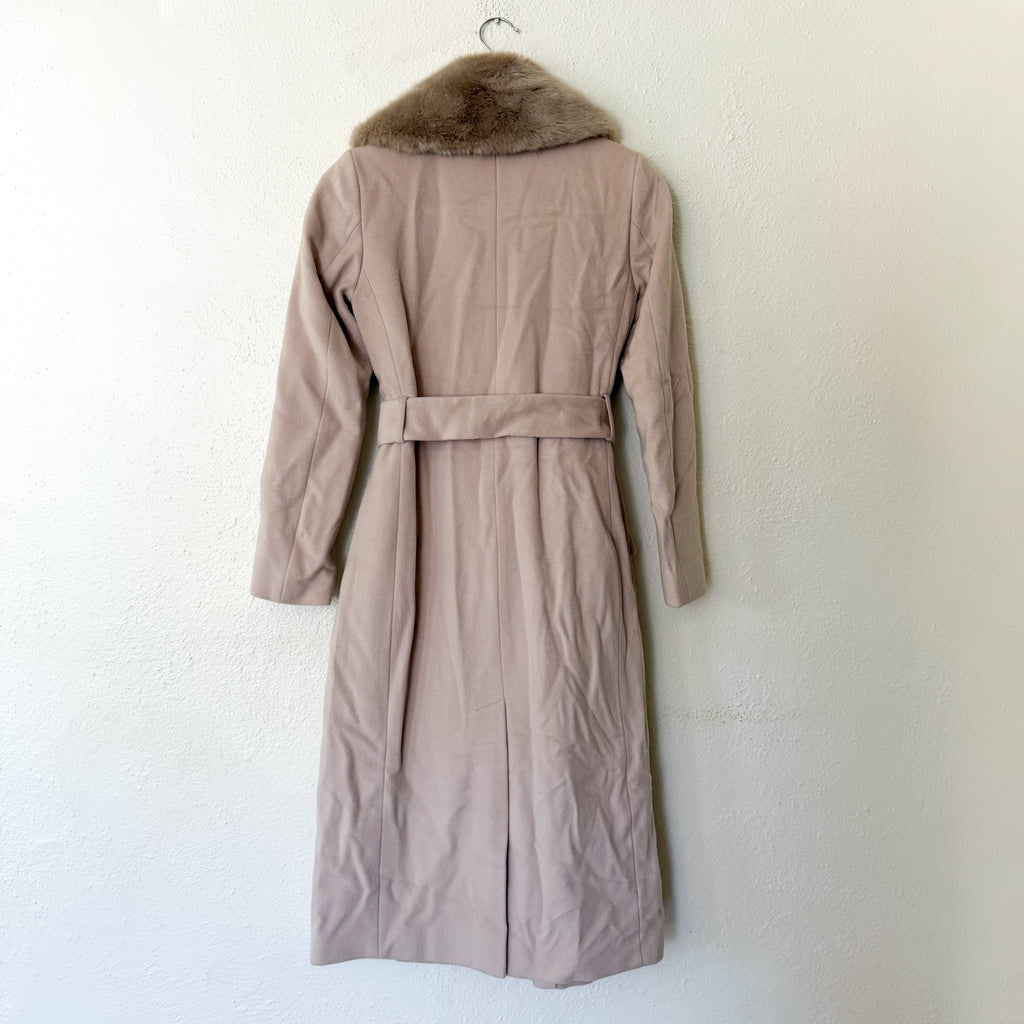 Reiss Dawson Full Length Belted Coat with Detachable Faux Fur Shawl Collar in Dusty Mauve | XS