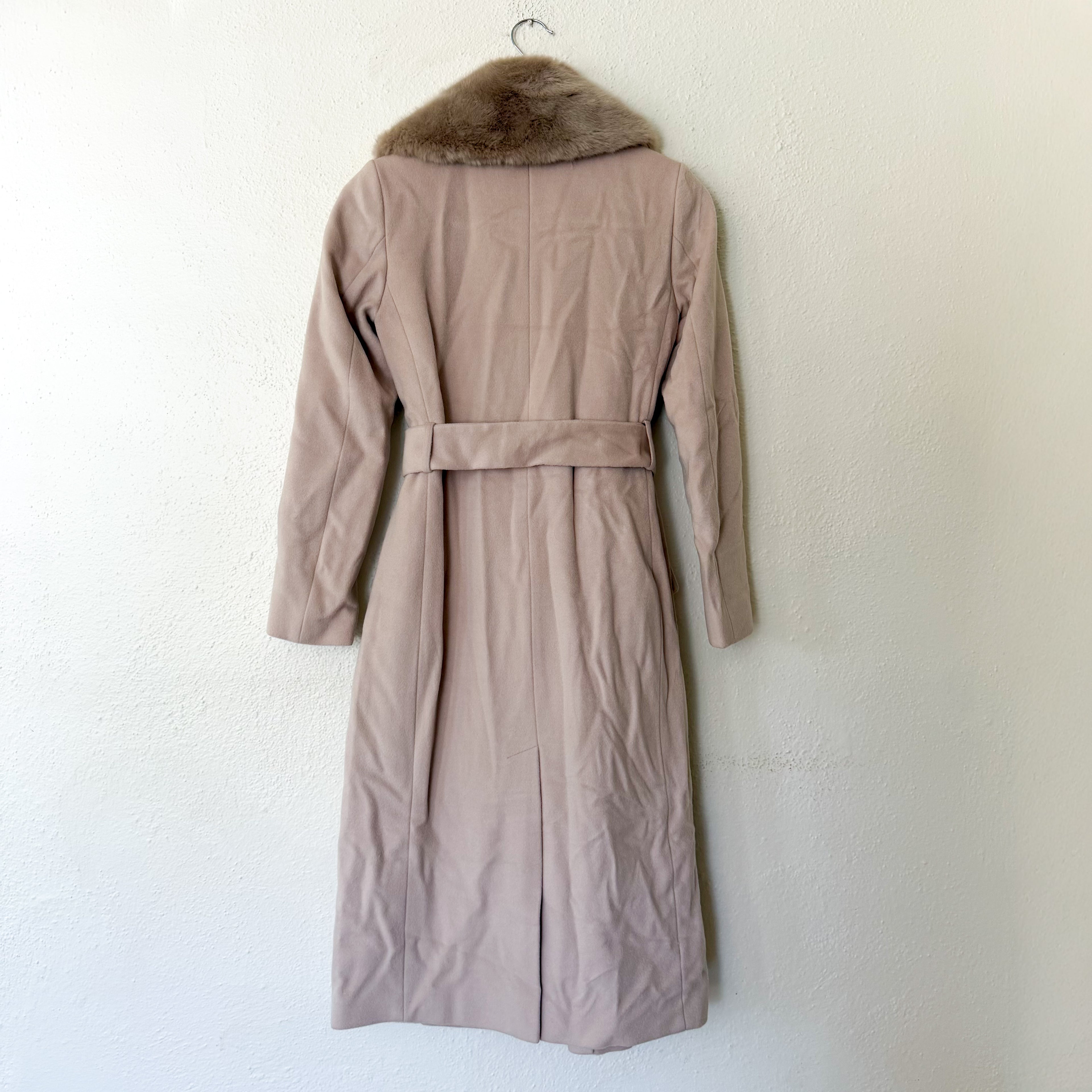 Reiss Dawson Full Length Belted Coat with Detachable Faux Fur Shawl Collar in Dusty Mauve | XS