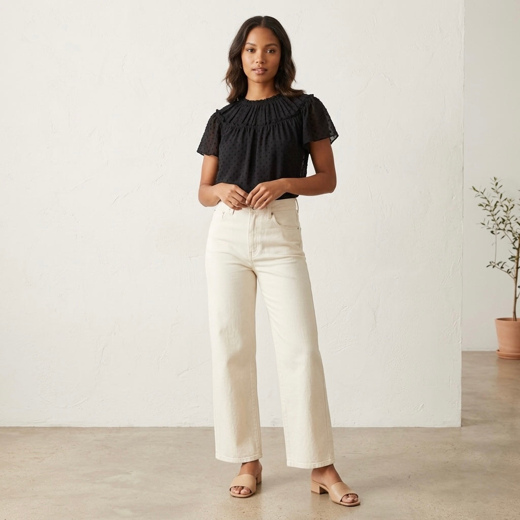J.Crew Black Swiss Dot Short Sleeve Blouse | XS
