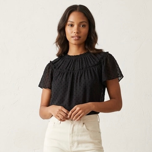 J.Crew Black Swiss Dot Short Sleeve Blouse | XS