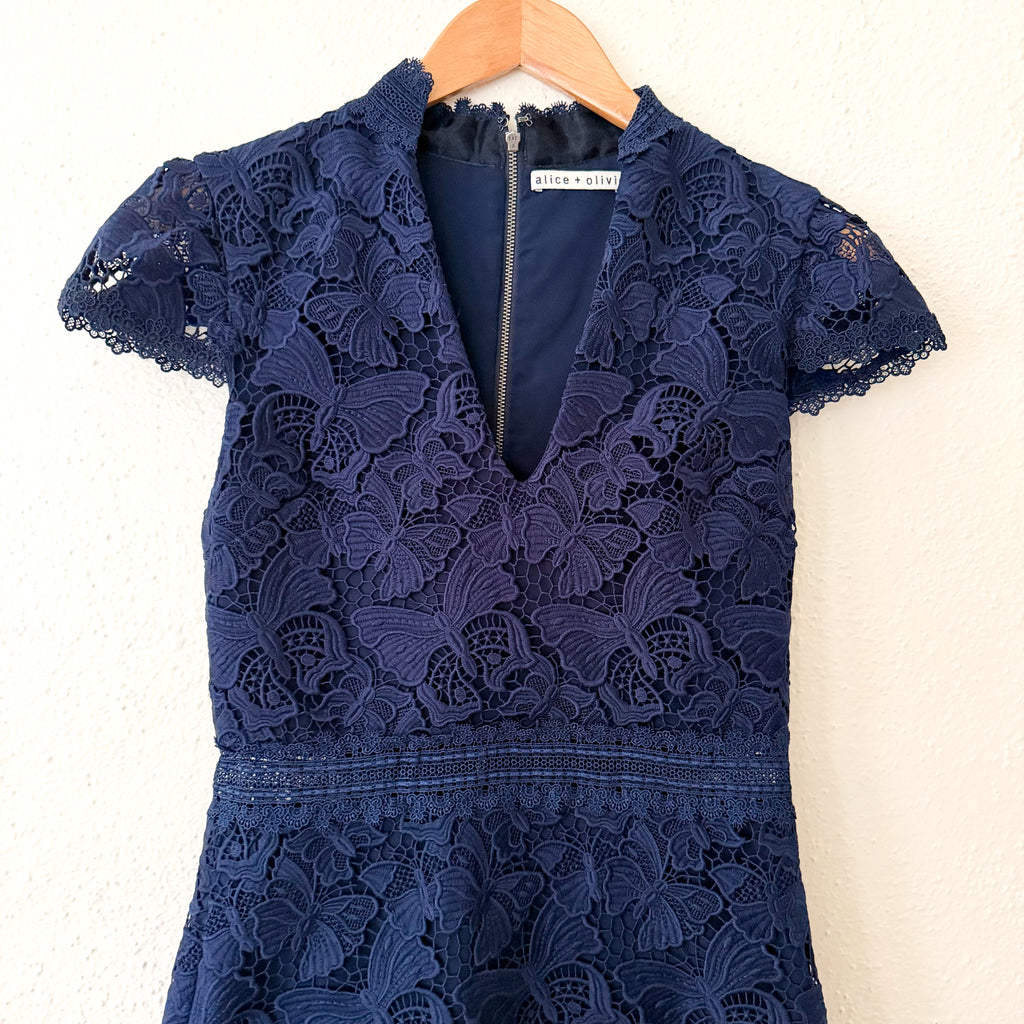 Alice + Olivia Diona Navy Blue Broderie Butterfly Lace Mini Dress | 0