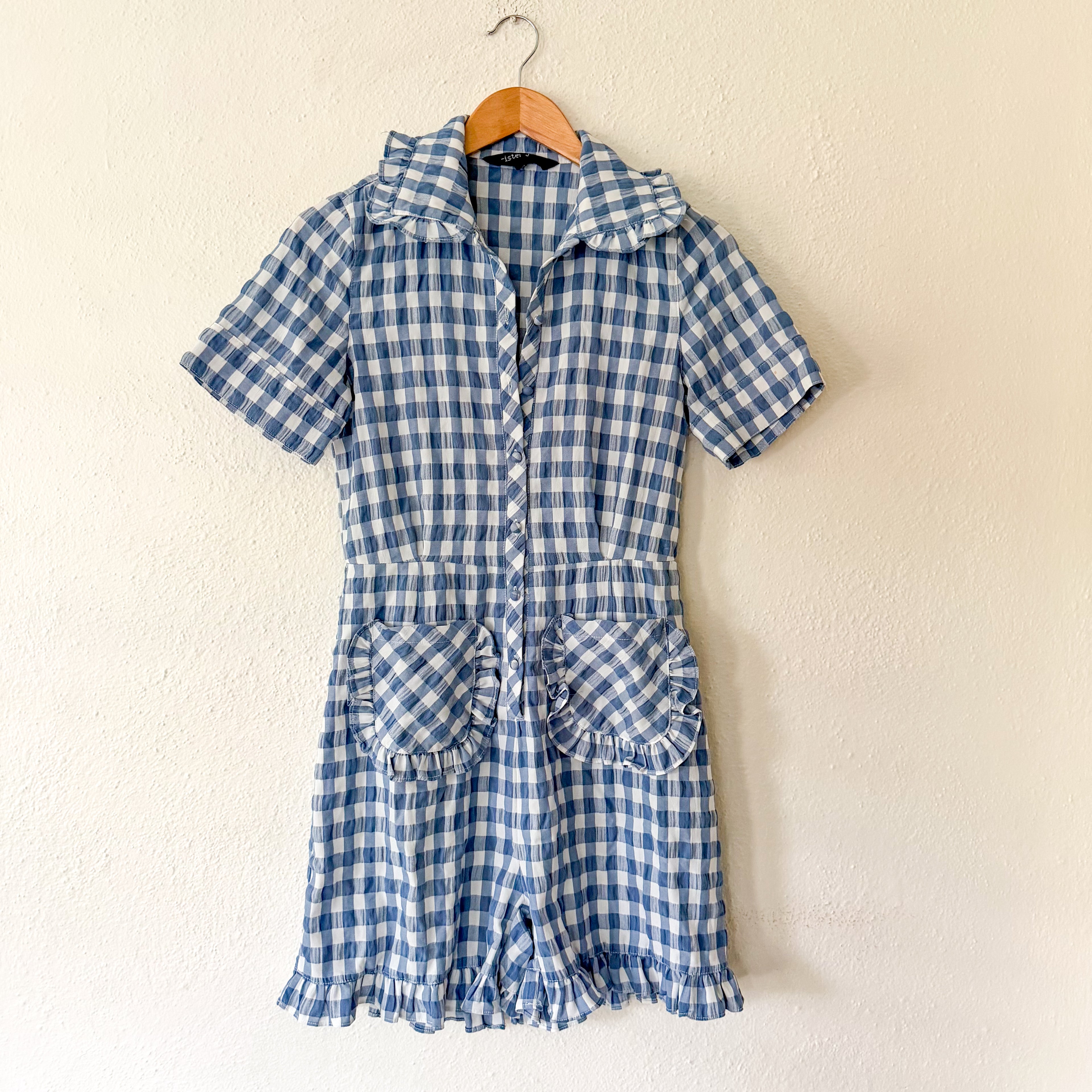 Sister Jane Blue Gingham Ruffle Patch Pocket Romper | XS