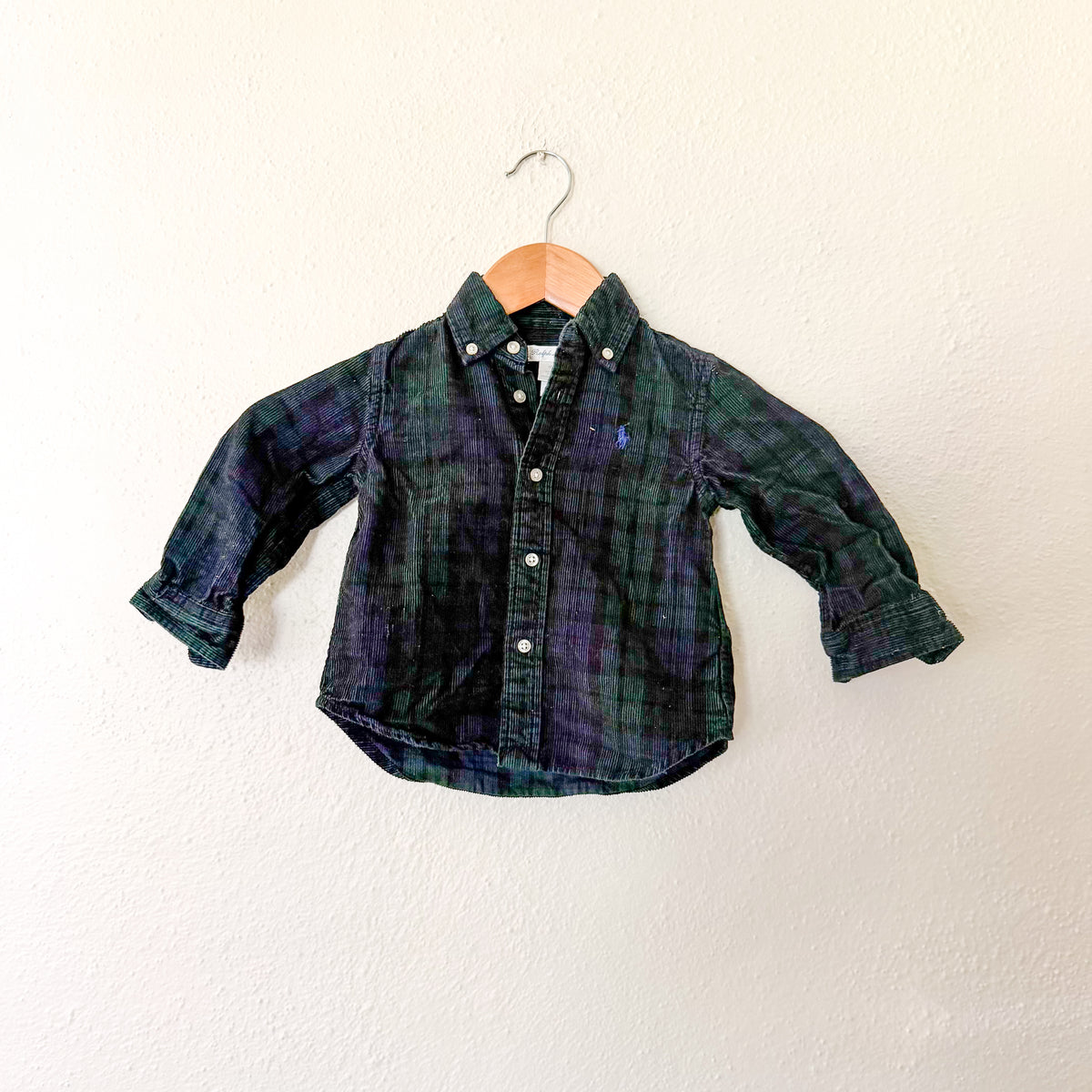 Polo Ralph Lauren Navy Green Plaid Textured Velvet Long Sleeve Bodysuit | 12-18m