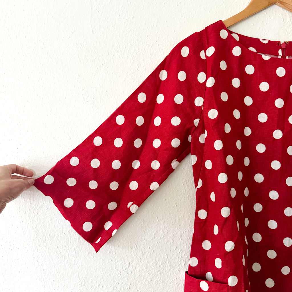 Posse Nina 100% Linen Red Polka Dot Elbow Sleeve Shift Mini Dress | S