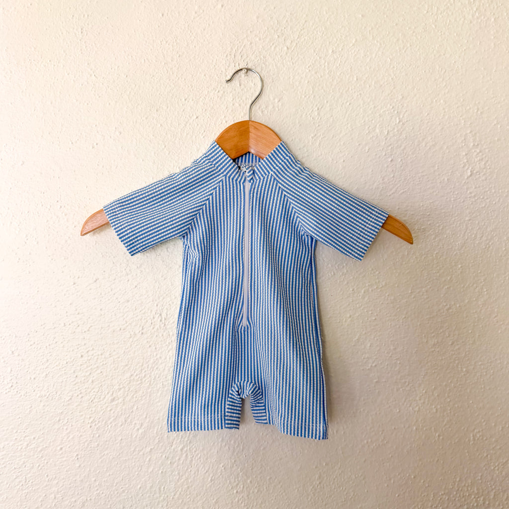 Unbranded Blue White Seersucker Zipper Short Sleeve Swimsuit | 6-12m