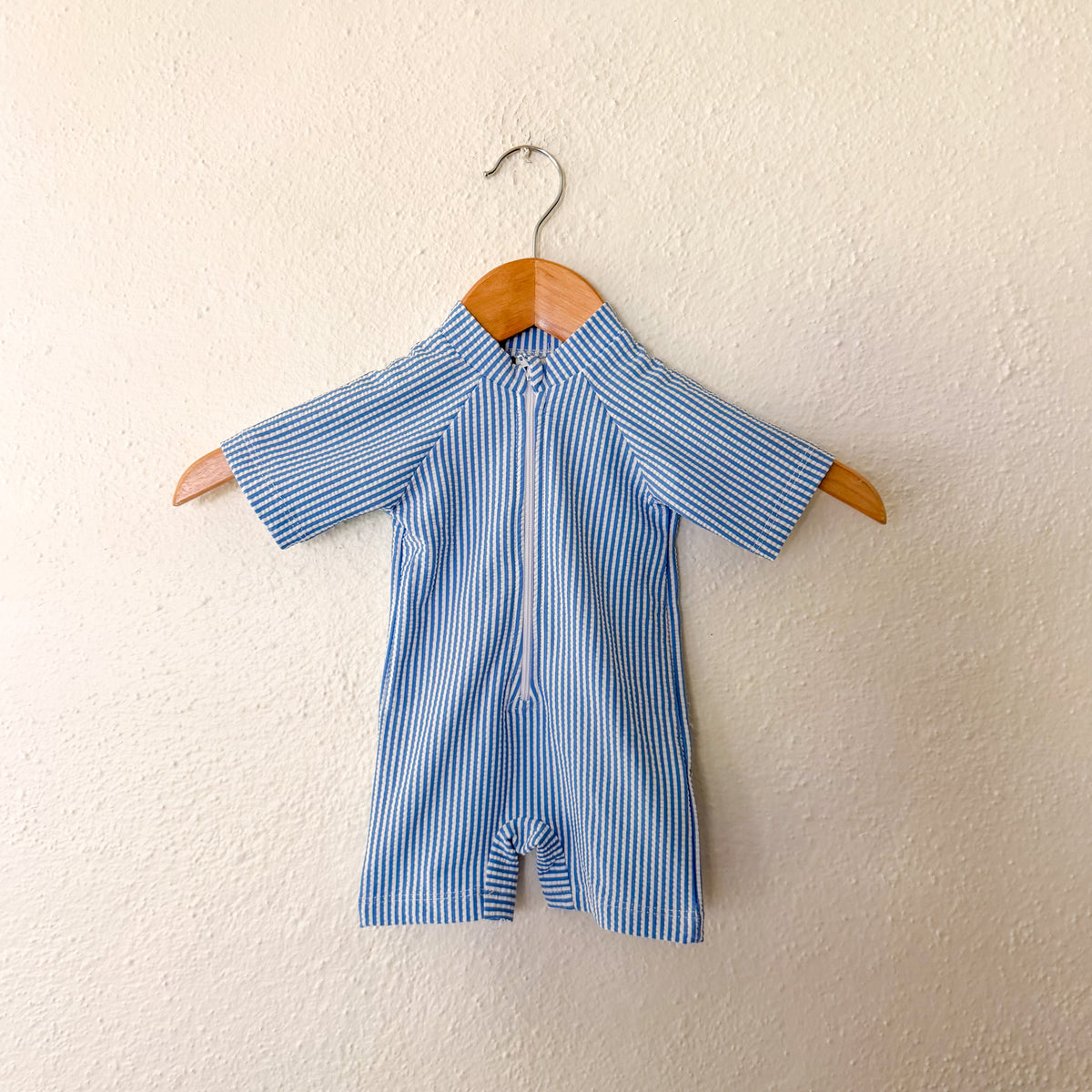 Unbranded Blue White Seersucker Zipper Short Sleeve Swimsuit | 6-12m