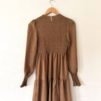 CUPSHE Brown Smocked Tiered High Neck Long Sleeve Maxi Dress | XS