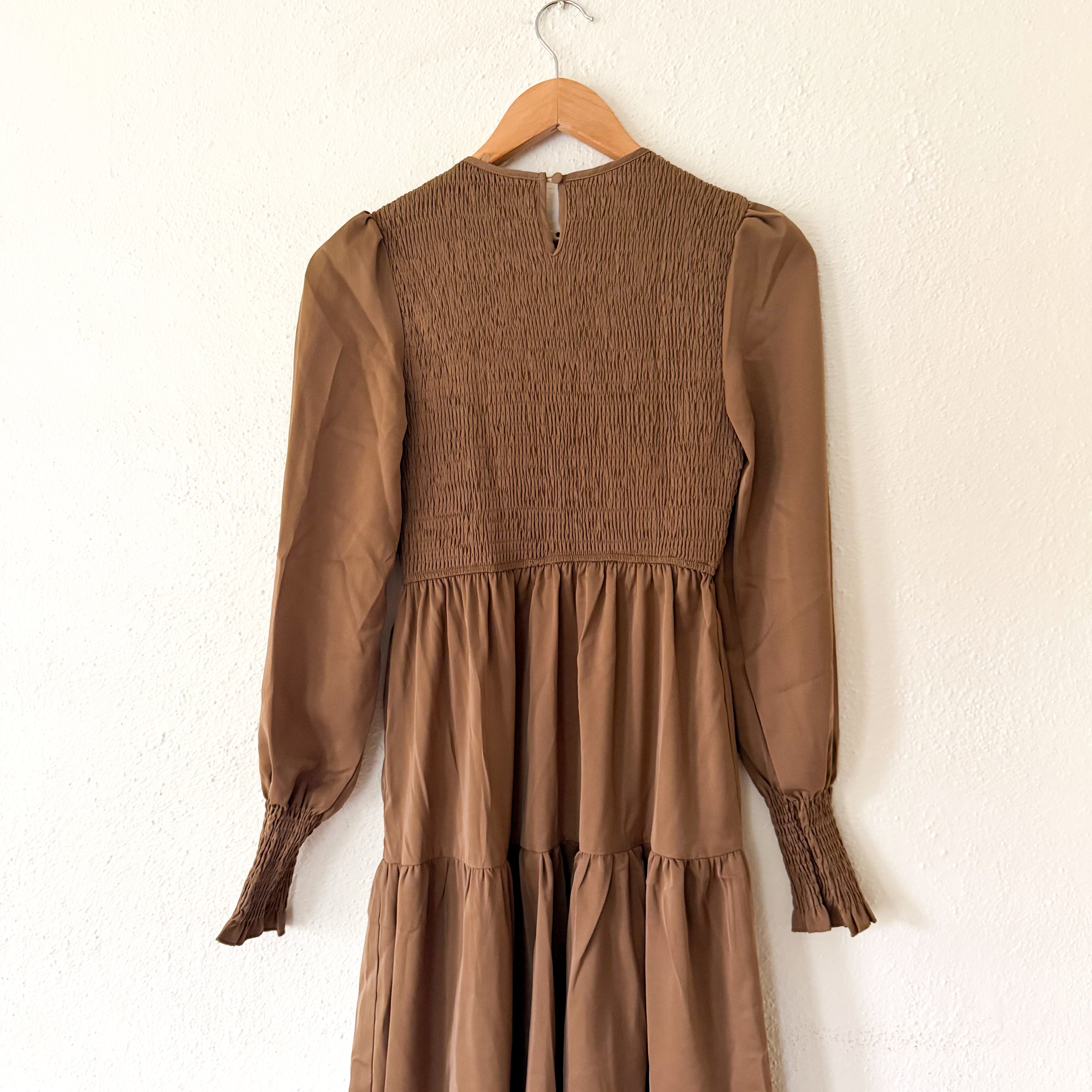 CUPSHE Brown Smocked Tiered High Neck Long Sleeve Maxi Dress | XS