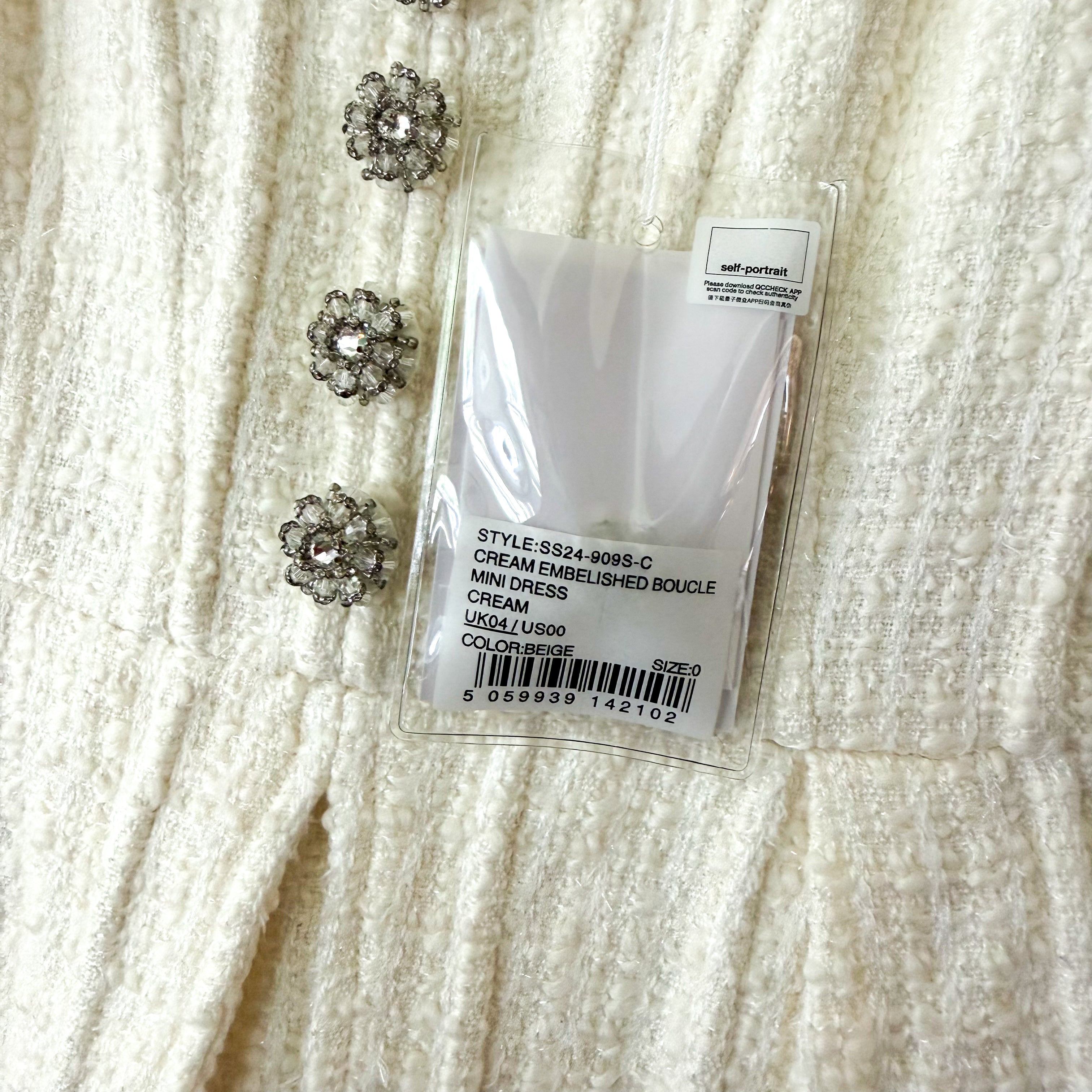 Self-Portrait Cream Embellished Boucle Sleeveless Mini Dress | 0