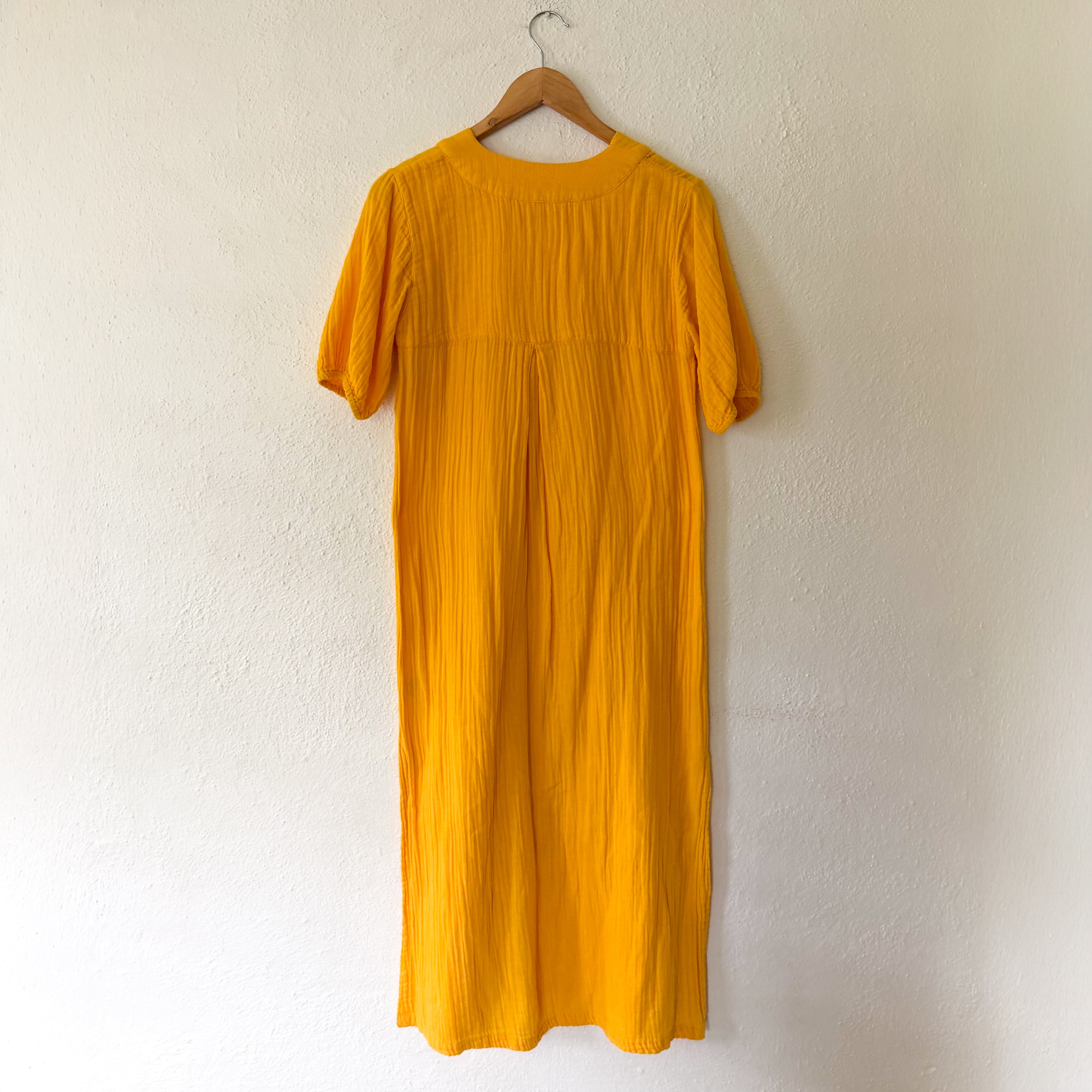 LAKE Golden Yellow 100% Cotton Gauze Caftan Midi Dress | XS