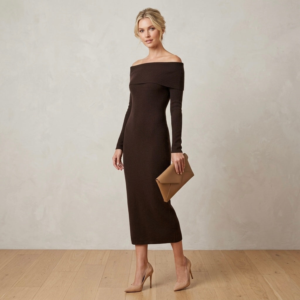 Charles Henry Wool Blend Off-The-Shoulder Long Sleeve Sweater Dress in Espresso | XS