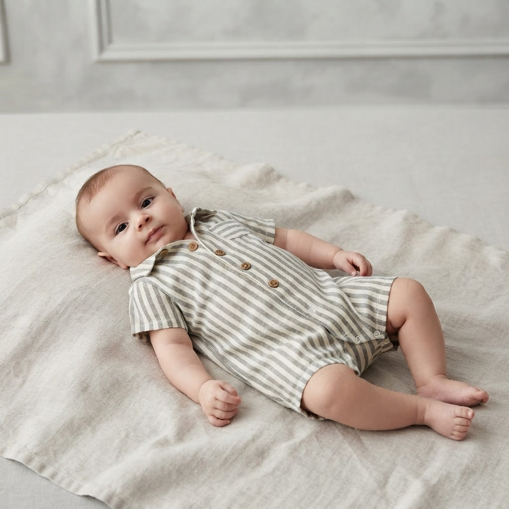 Carter's Olive Green Cream Stripe Cotton Button Down Romper | 0-3m